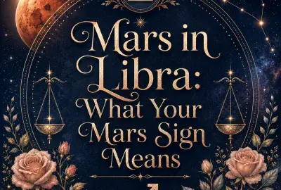 Mars in Libra astrology image with the Libra zodiac symbol, balance scales, Mars planet, constellation, and roses
