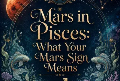 Mars in Pisces astrology image with the Pisces zodiac symbol, Mars planet, constellation, twin fish, and ocean-inspired botanical details