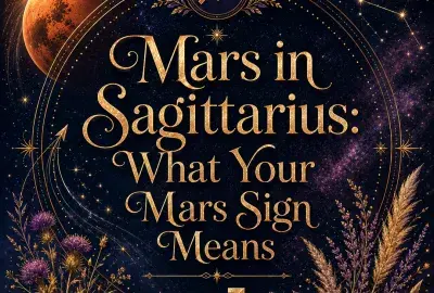 Mars in Sagittarius astrology image with the Sagittarius zodiac symbol, Mars planet, constellation, arrows, and purple botanical details
