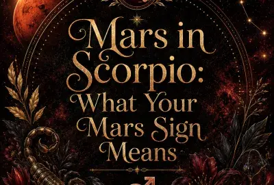 Mars in Scorpio astrology image with the Scorpio zodiac symbol, scorpion, Mars planet, constellation, and dark red flowers