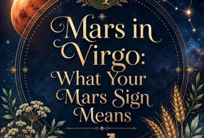 Mars in Virgo astrology image with the Virgo zodiac symbol, Mars planet, constellation, and botanical details