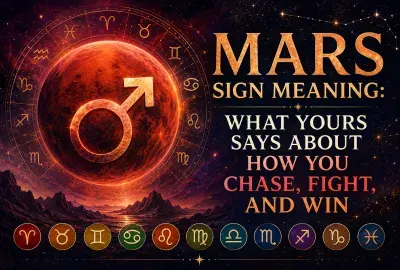 Mars sign meaning astrology image with Mars, zodiac symbols, and the theme of how you chase, fight, and win