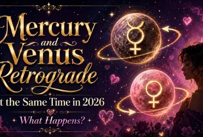 Mercury and Venus retrograde 2026 image with glowing planets and a woman in profile.