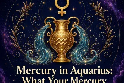 Mercury in Aquarius astrology artwork with a gold Mercury symbol and water-bearing vessel.