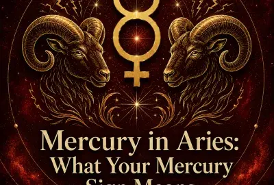 Mercury in Aries astrology artwork with a gold Mercury symbol and two rams.