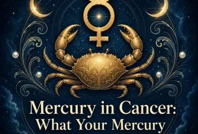 Mercury in Cancer astrology artwork with a gold Mercury symbol, crab, and crescent moons.