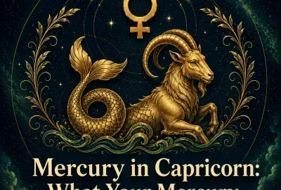Mercury in Capricorn astrology artwork with a gold Mercury symbol and mythical sea-goat.