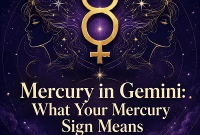 Mercury in Gemini astrology image with twin celestial figures and a gold Mercury symbol.