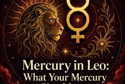 Mercury in Leo astrology artwork with a gold Mercury symbol and celestial lion.