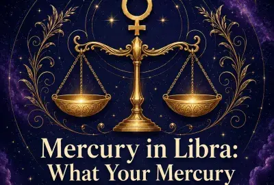 Mercury in Libra astrology artwork with a gold Mercury symbol and balance scales.