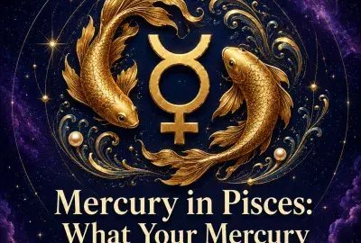 Mercury in Pisces astrology artwork with two gold fish circling a Mercury symbol.
