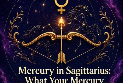 Mercury in Sagittarius astrology artwork with a gold bow, arrow, and horse constellation.