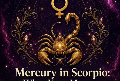 Mercury in Scorpio astrology artwork with a gold Mercury symbol and jeweled scorpion.