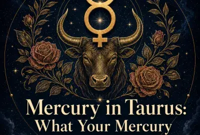 Mercury in Taurus astrology artwork with a gold Mercury symbol, bull, and roses.