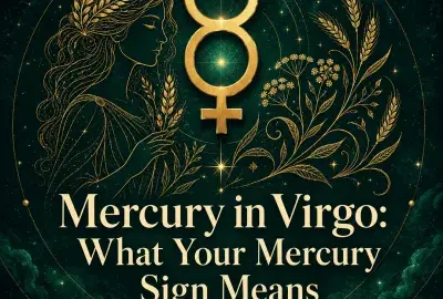 Mercury in Virgo astrology image with a gold Mercury symbol, celestial maiden, and wheat details.