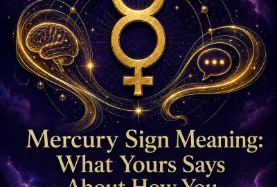 Mercury sign meaning artwork with a gold Mercury symbol, brain, and speech bubble on a violet celestial background.