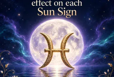 Gold Pisces symbol over a full moon above calm water with lotus flowers