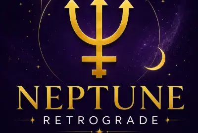 Gold Neptune symbol on a deep violet celestial background with “Neptune Retrograde: What It Means and the Dates to Know.”