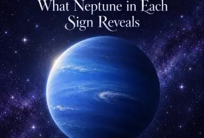 Blue Neptune in a violet starry sky with the title “Neptune Sign Meaning: What Neptune in Each Sign Reveals.”