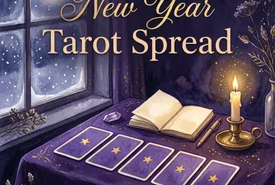 New year tarot spread: five tarot cards in a row by a snowy window with a candle and an open notebook