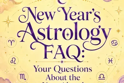 Purple and gold New Year’s astrology FAQ design on a light yellow celestial background.