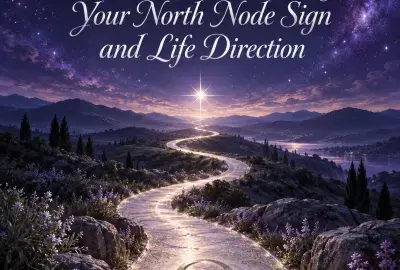 A winding silver path with the North Node symbol leads toward a bright star beneath a violet sky.
