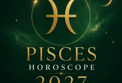Gold Pisces zodiac symbol on a deep emerald green background with “Pisces Horoscope 2027: Your Complete Year Ahead.”