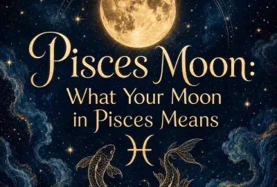 Celestial Pisces Moon graphic with a glowing full moon, Pisces symbol, golden fish, stars, and deep blue cosmic waves.