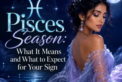 Pisces Season astrology graphic featuring a woman, Pisces symbol, glowing moon, stars, and moonlit water with the title What It Means and What to Expect for Your Sign.