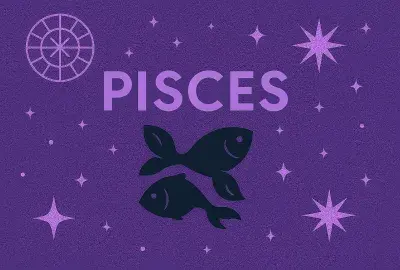 A flat digital illustration of the Pisces zodiac sign in a purple color scheme, featuring the symbol of two fish swimming in opposite directions. The design includes subtle stars and celestial accents, representing Pisces' dreamy, intuitive, and emotional nature.