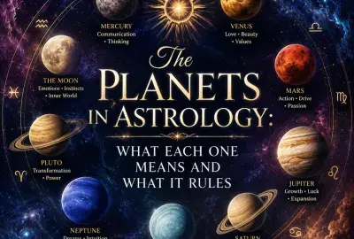 The planets used in astrology arranged in a ring around a golden sun, each labeled with what it governs, against a starry sky with zodiac symbols