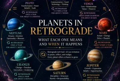 Eight planets arranged in a circle, each ringed by a looping retrograde arrow and labeled with what it governs and how often it turns retrograde