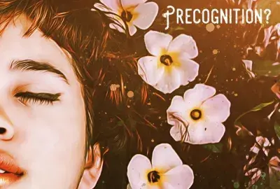 woman with eyes closed with four pink flowers around her head with text "precognition"