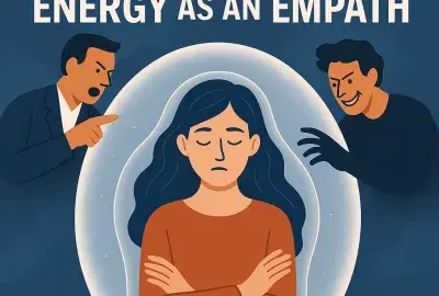 Protecting your energy as an empath – digital illustration of a woman in a glowing protective bubble shielding herself from negative people, symbolizing empathic psychic energy protection and boundary setting.