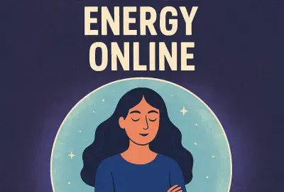 Protect your energy online – calm woman in glowing violet shield symbolizing psychic protection and boundaries on social media.