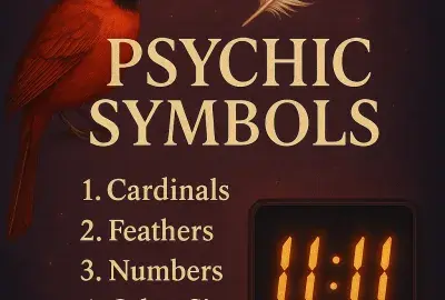 Mystical image with a red cardinal, white feather, glowing 11:11, and the words “Psychic Symbols” on a violet cosmic background.