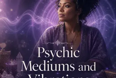 Psychic medium surrounded by glowing purple energy waves, crystals, and candlelight, representing spiritual vibrations and intuitive connection.