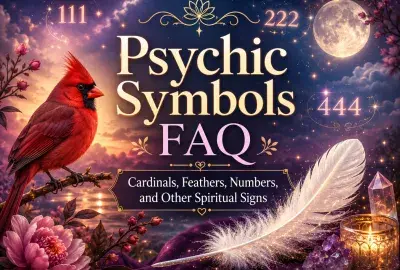 Red cardinal, white feather, angel numbers, moon, and crystals illustrating common psychic symbols and spiritual signs.
