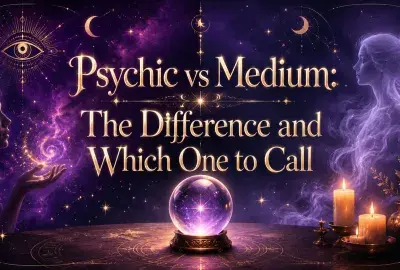 Mystical purple image with a crystal ball, candles, psychic symbols, and two spiritual female figures beside the words “Psychic vs Medium: The Difference and Which One to Call.”