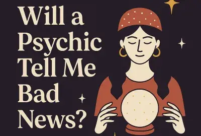 Illustrated design featuring the words “Will a Psychic Tell Me Bad News?” in cream-colored serif font on a dark purple background. To the right, a serene female psychic with a rust-colored headscarf and gold hoop earrings holds a glowing crystal ball, surrounded by golden star accents.