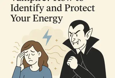 A flat-style digital illustration depicts a person shielding themselves from swirling, dark energy tendrils representing a psychic vampire. The figure stands in a protective glowing bubble of light, symbolizing personal boundaries and energy protection.