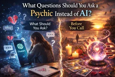 Split image showing AI chat on phone and psychic crystal ball representing questions to ask a psychic instead of AI