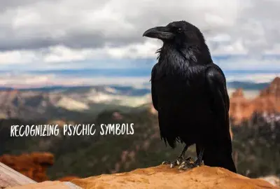 Black raven perched on brown rock overlooking mountains with text "recognizing psychic symbols"