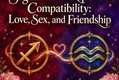Sagittarius and Aquarius symbols joined by a glowing heart