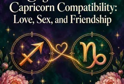 Sagittarius and Capricorn symbols joined by a glowing heart with peonies