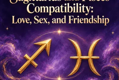 Gold Sagittarius arrow beside the Pisces symbol on violet