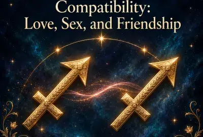 Two gold Sagittarius arrows linked by light on a blue starry sky