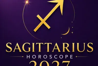 Gold Sagittarius zodiac symbol on a deep violet background with “Sagittarius Horoscope 2027: Your Complete Year Ahead.”
