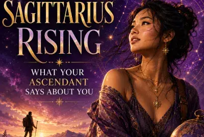 Celestial Sagittarius Rising image with a woman, mountain traveler, Sagittarius symbol, and gold astrology details against a purple cosmic sky.