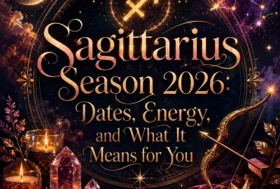 Celestial Sagittarius Season 2026 image featuring the Sagittarius zodiac symbol, glowing bow and arrow, stars, moon, crystals, candles, and rich purple and gold tones.